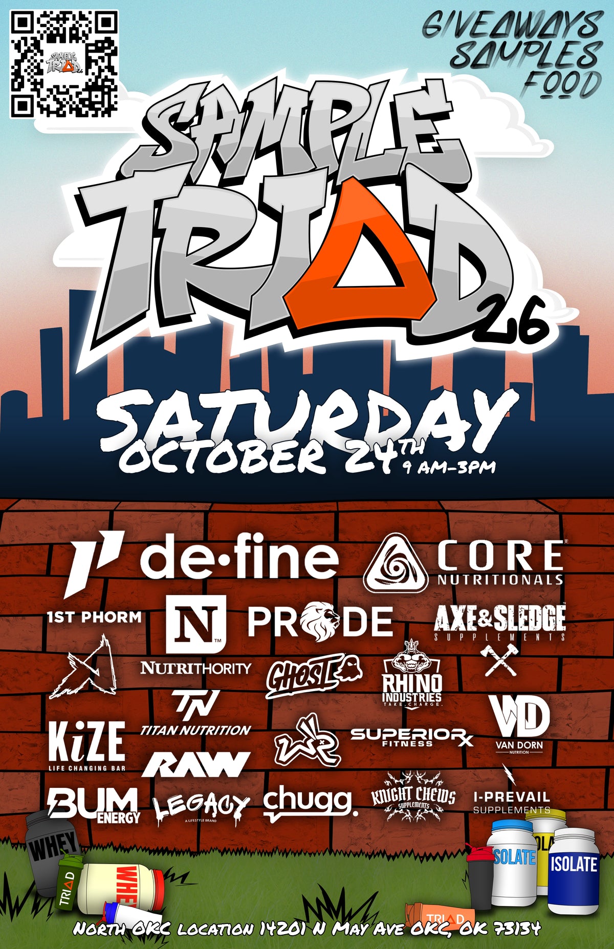 Sample TRIAD 26 event artwork: graffiti logo over the OKC skyline and a brick wall